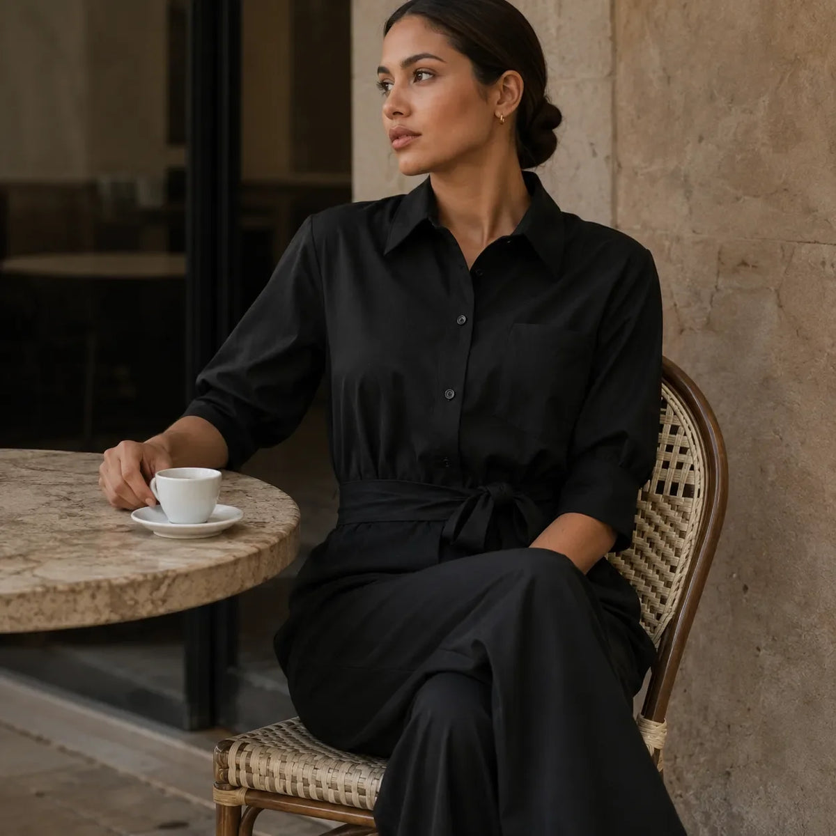 Black belted wide-leg shirt jumpsuit with tie waist and button-up shirt neckline