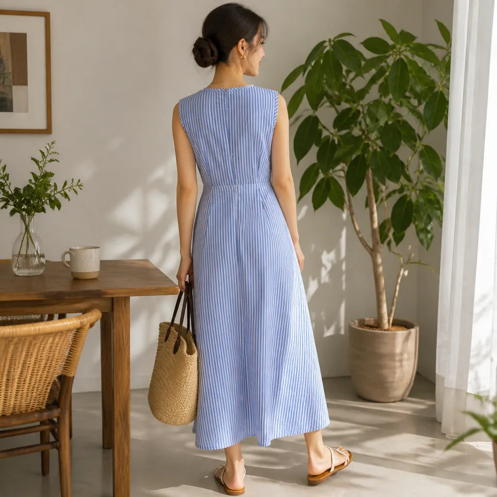 Blue striped sleeveless maxi dress back view with wrap waist and long length