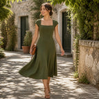 Square-neck A-line midi dress with sculpted waist, short sleeves, olive green