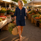 Navy women’s linen-look ruffle-sleeve top and matching shorts set