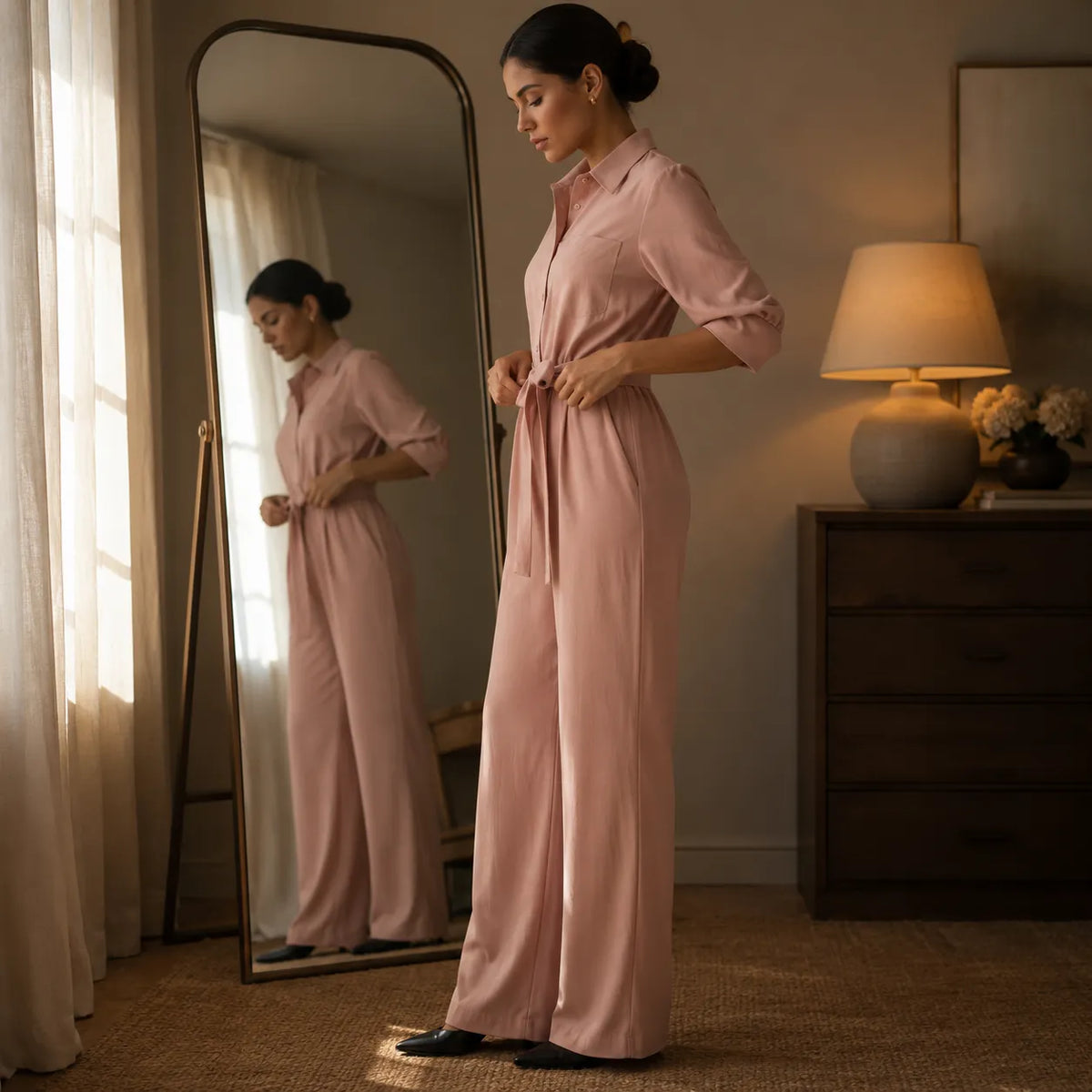 Blush pink belted wide-leg shirt jumpsuit with tie waist and button-front collar