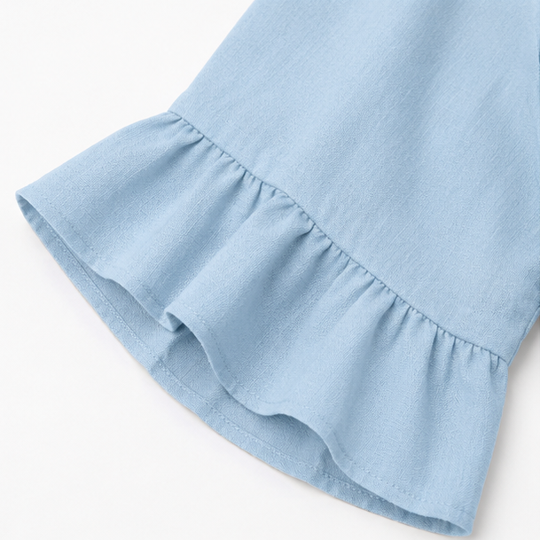 Light blue linen-look top with ruffled hem sleeve detail