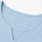Light blue linen-look top neckline and ruffle sleeves detail