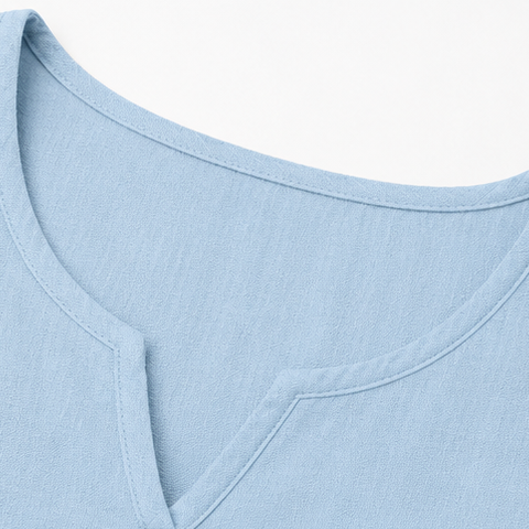 Light blue linen-look top neckline and ruffle sleeves detail