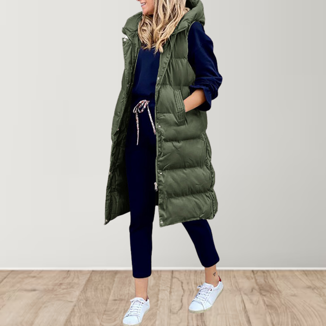 Longline sleeveless puffer gilet in dark green with hood, front zipper, and side pockets