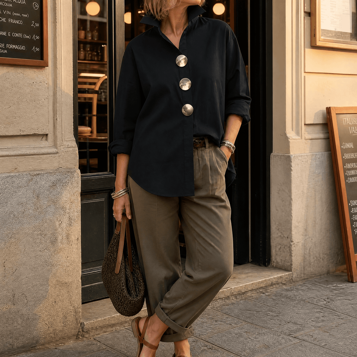 Women's dark button-up blouse with asymmetric front and oversized silver buttons