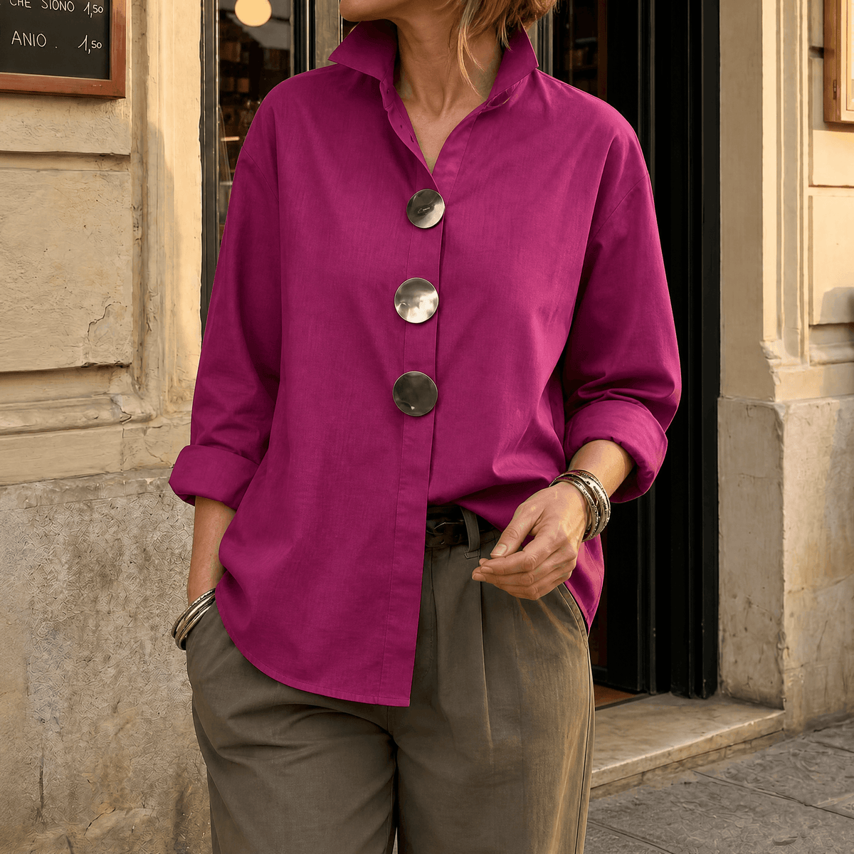 Women's rose-red asymmetric button-up blouse with three oversized silver buttons