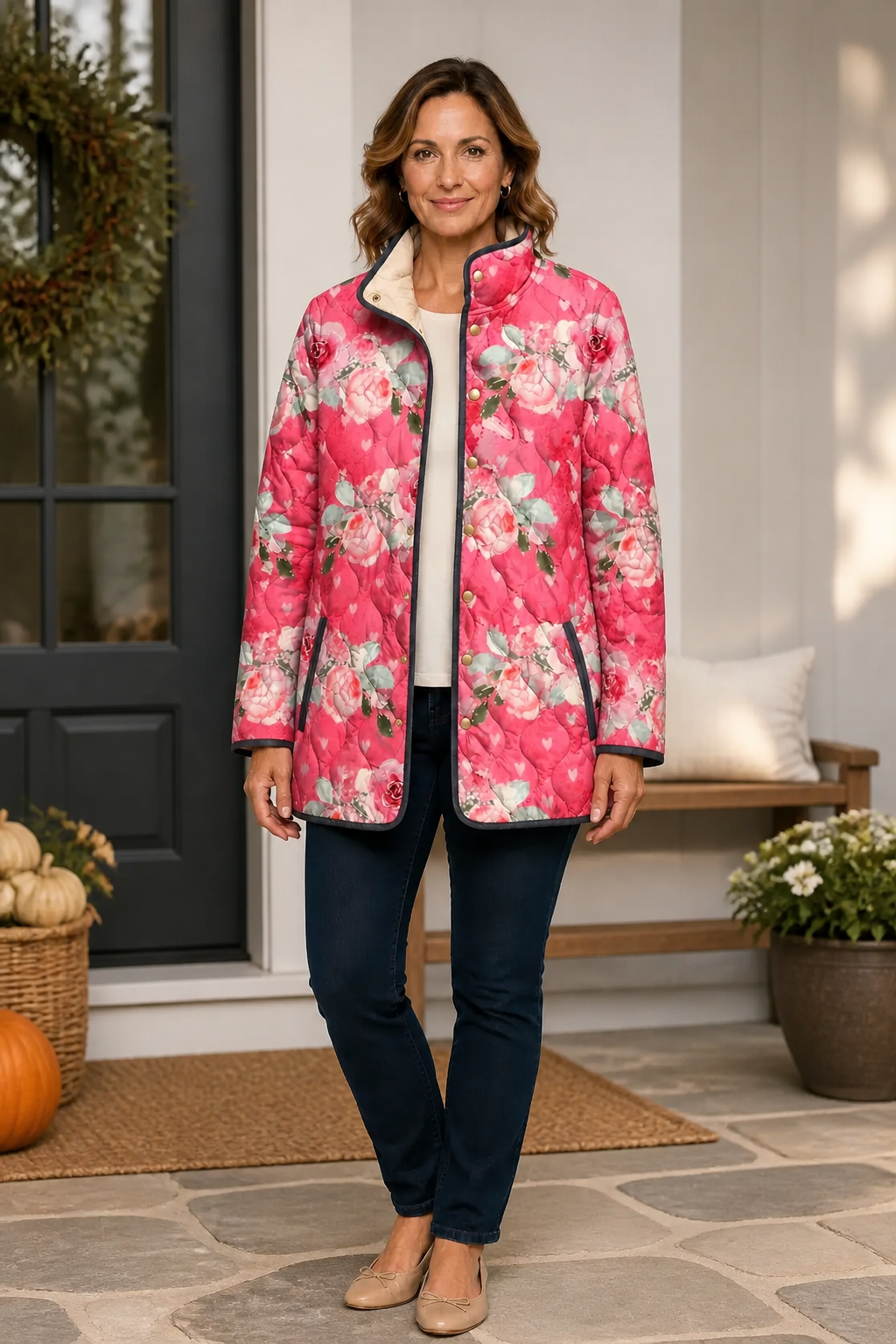 Wearbella floral quilted jacket worn open, showing its cream inner lining