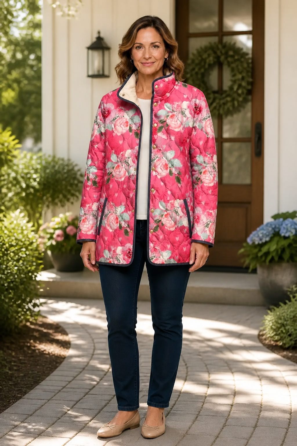 Wearbella pink floral quilted jacket with stand collar and dark-edged front opening