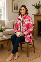 Wearbella pink floral quilted jacket worn seated, showing its long sleeves and front trim