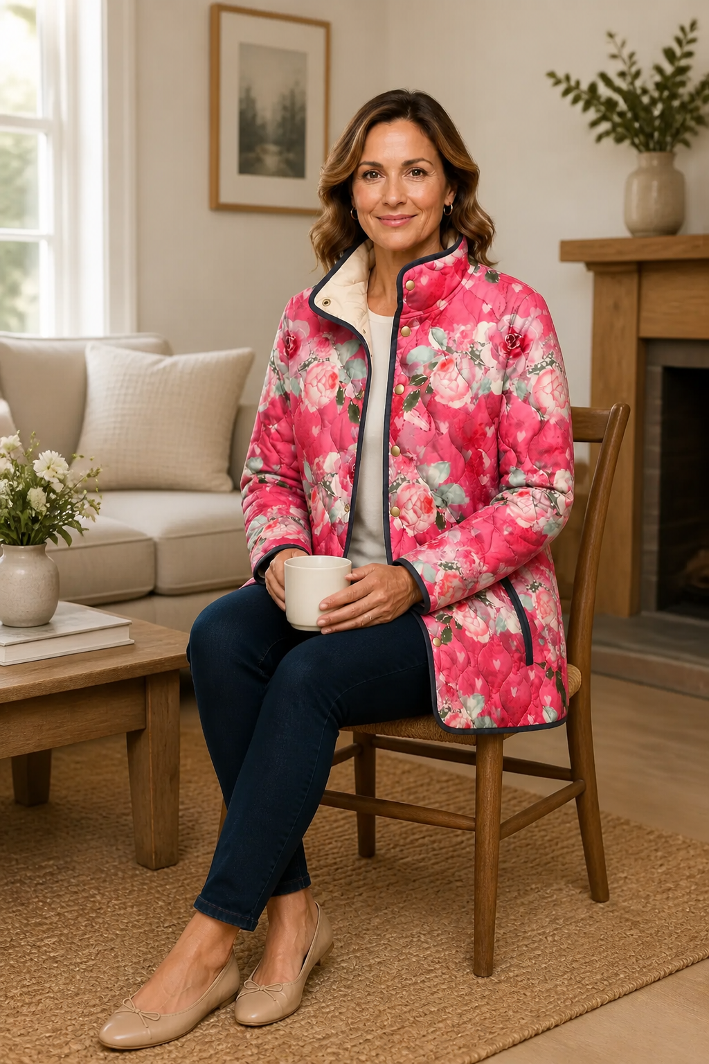 Wearbella pink floral quilted jacket worn seated, showing its long sleeves and front trim