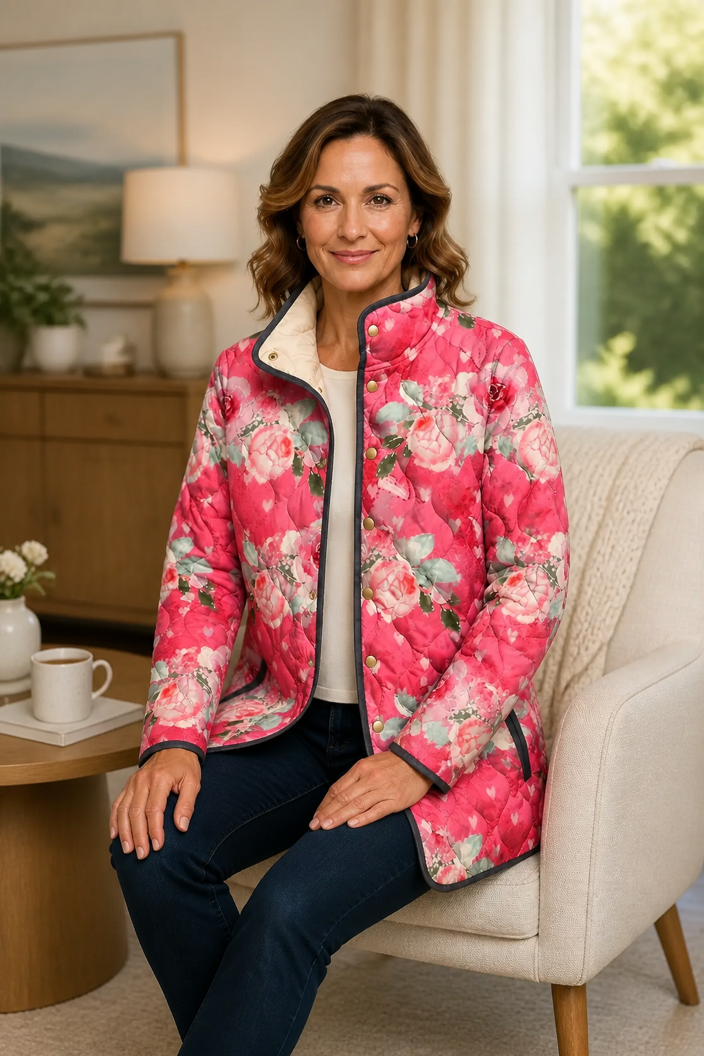 Wearbella floral quilted jacket worn open while seated, with cream lining visible