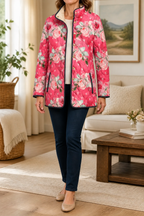 Wearbella pink floral quilted jacket, front view with stand collar and dark trim