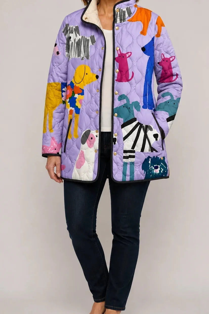 Wearbella lavender quilted jacket with playful multicolor dog print and snap front.
