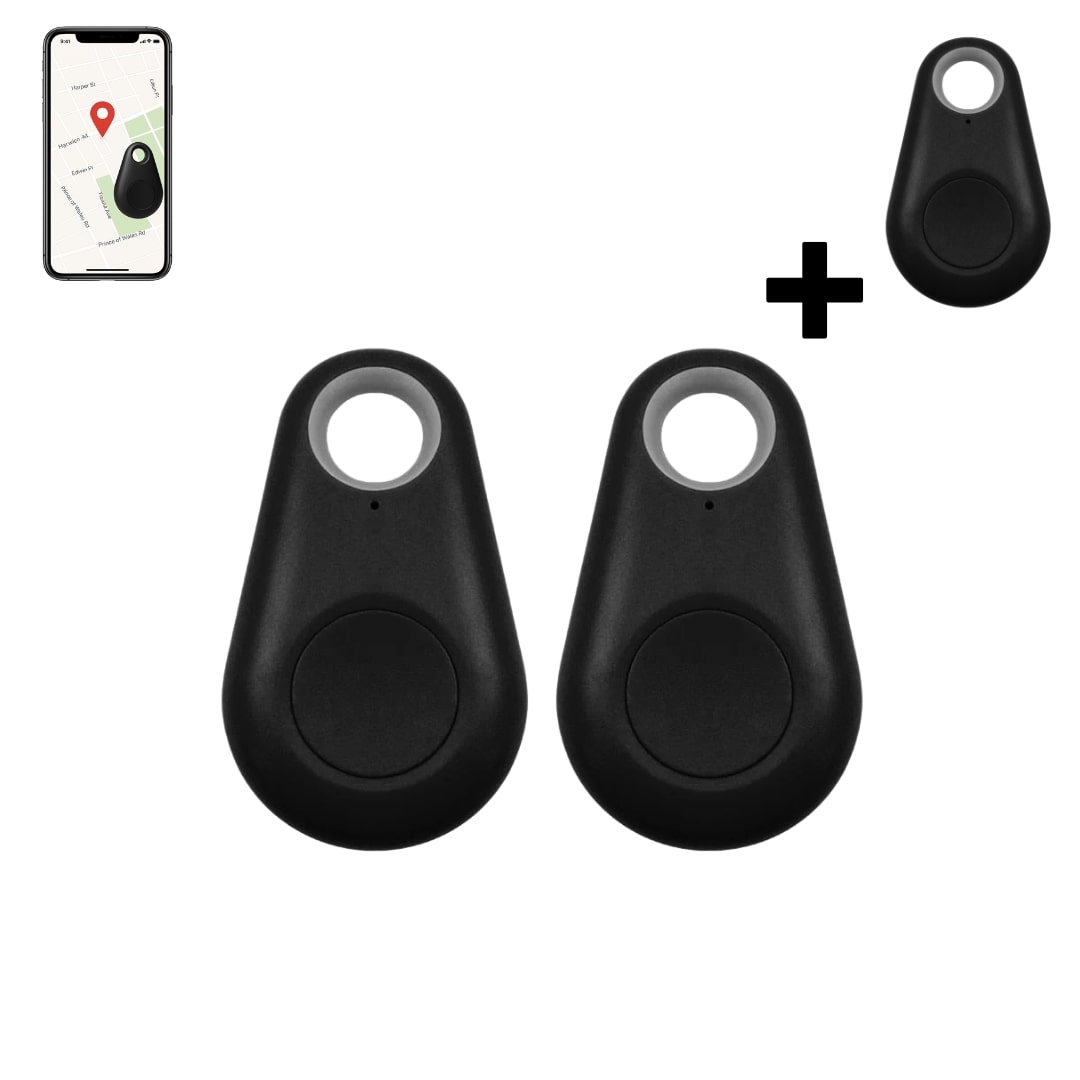 Two black mini GPS tracker key finders with top loop for attaching.