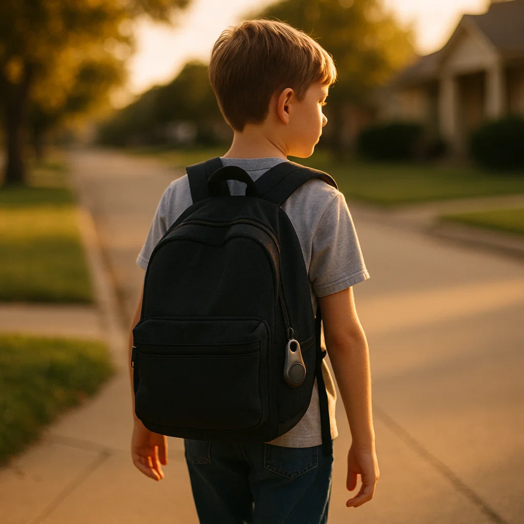 Black GPS mini tracker attached to a child's backpack strap