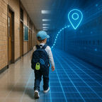 Black GPS mini tracker on a child's backpack strap