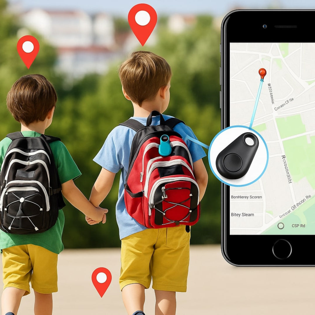 Black GPS mini tracker beside a smartphone map with location pins