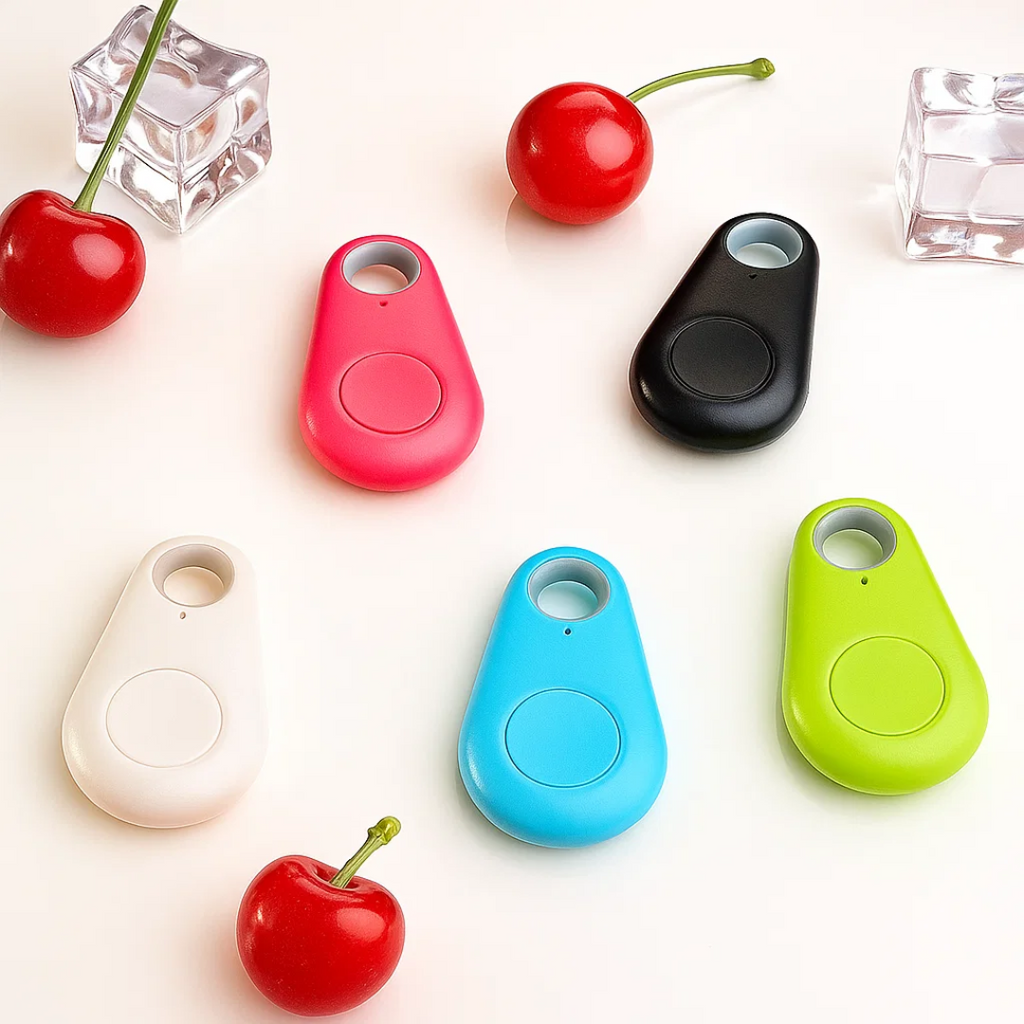 Assorted mini GPS trackers in white, red, black, blue, green, and lime