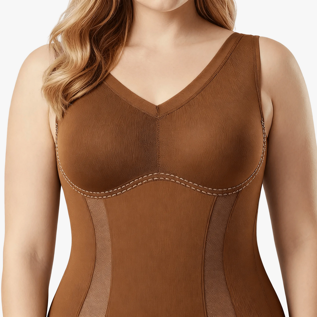 Women’s cocoa brown seamless bodysuit close-up, V-neckline, wired-free bust panel