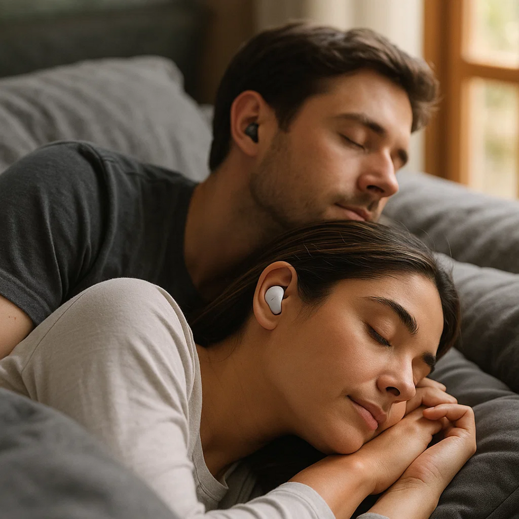 Dark in-ear sleep earbuds worn while side sleeping