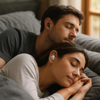 Dark in-ear sleep earbuds worn while side sleeping