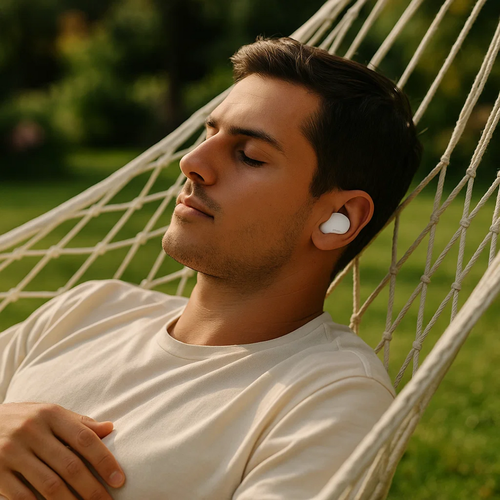 Dark wireless sleep earbuds worn in one ear, outdoors
