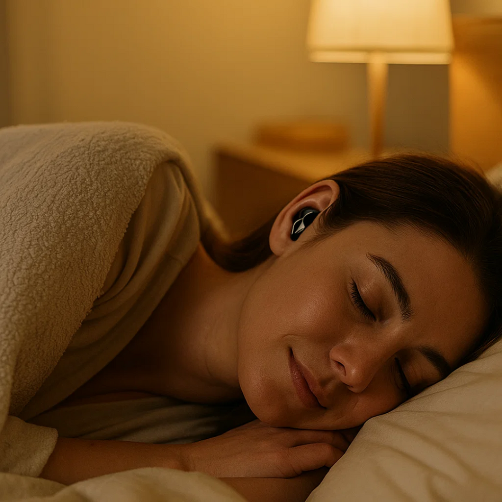 Dark in-ear sleep earbuds worn while lying on a pillow
