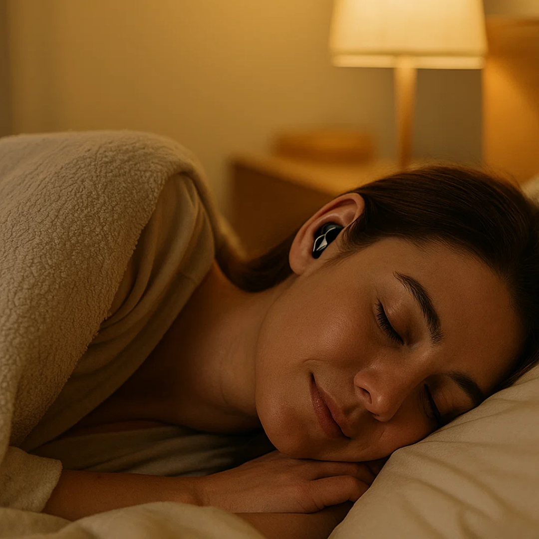 Dark in-ear sleep earbuds worn while lying on a pillow
