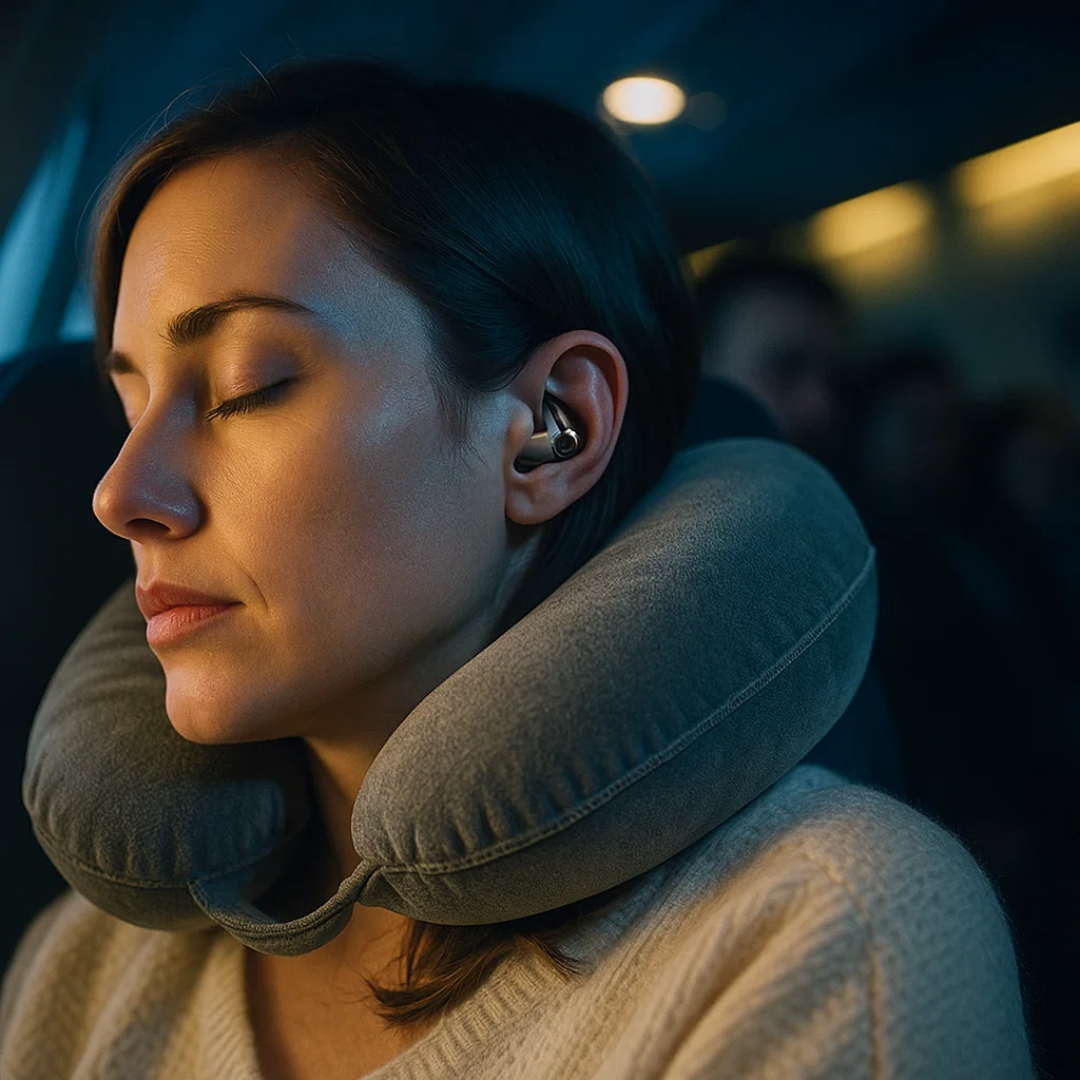 Dark in-ear sleep earbuds worn on the side, close to the ear