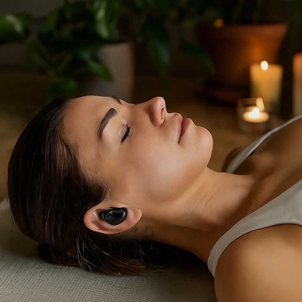 Black in-ear sleep earbuds worn while side lying