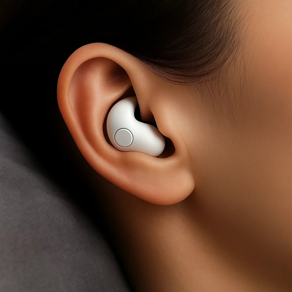 White in-ear sleep earbuds with small charging case detail