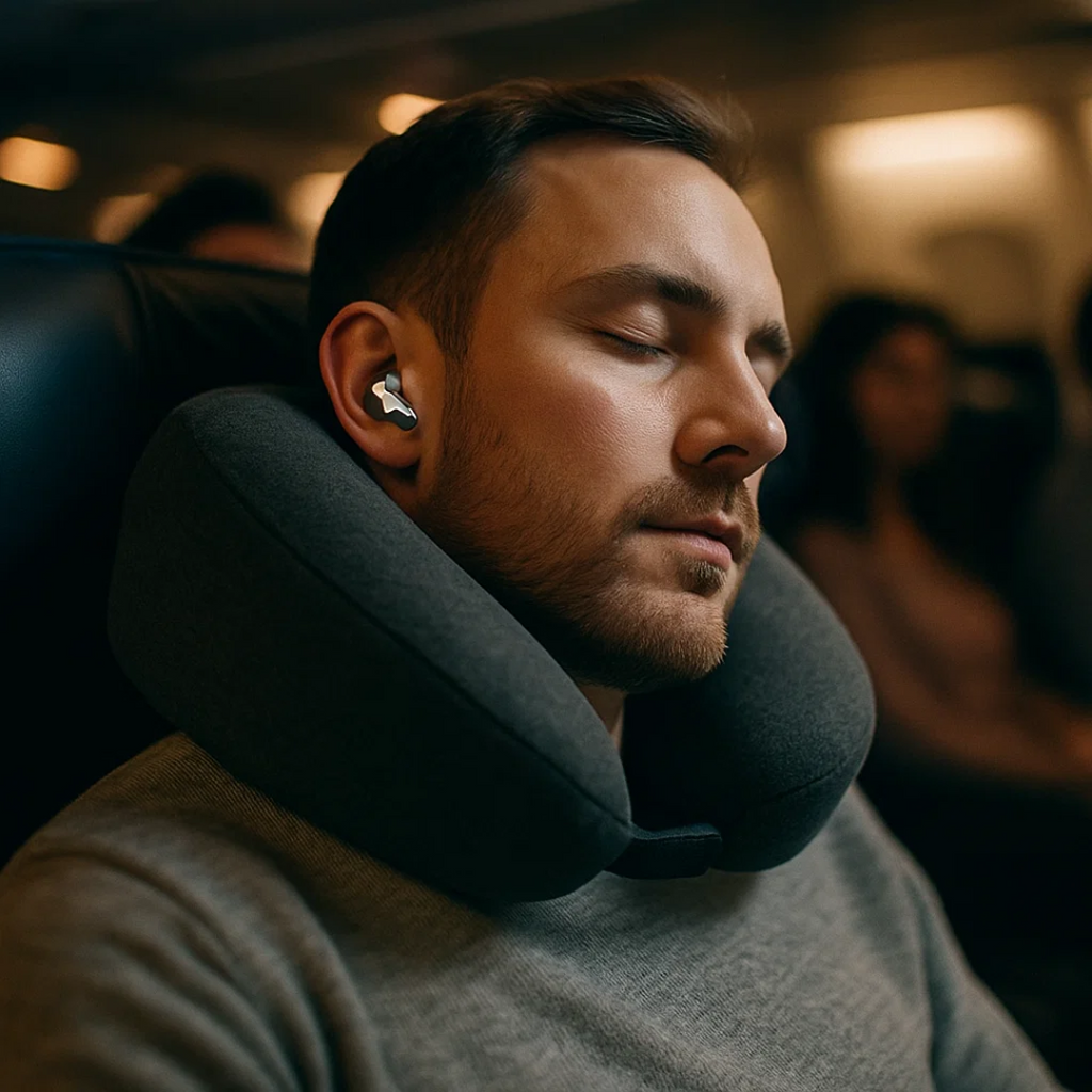Dark in-ear sleep earbuds worn on the side while traveling