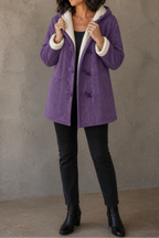 Dusty purple hooded faux suede coat with plush lining and toggle closures