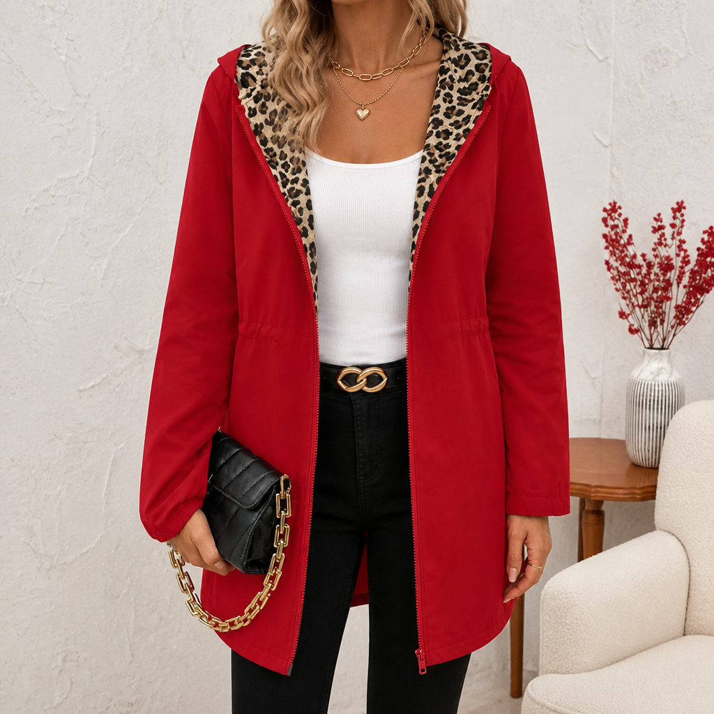 Red hooded coat with leopard-print lining and zip closure