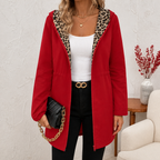 Red hooded coat with leopard-print lining and zip closure