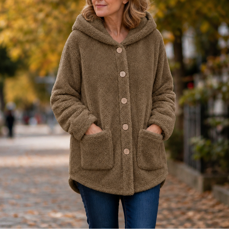 Khaki fleece hooded winter jacket with button front and two patch pockets