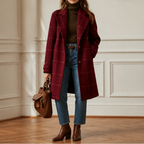 Burgundy plaid oversized coat with notched lapels and two buttons