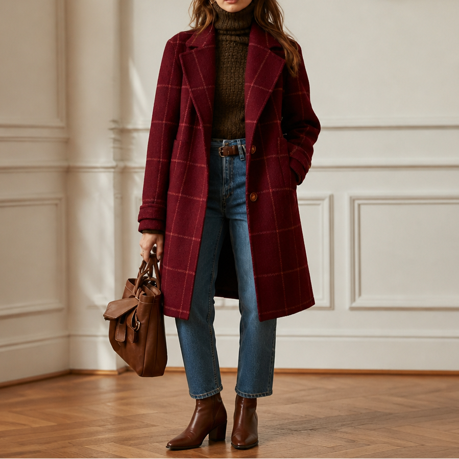 Burgundy plaid oversized coat with notched lapels and two buttons
