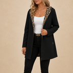 Black hooded coat with leopard-print lining and front zipper