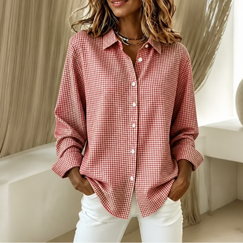Women's red and white check relaxed-fit button-down shirt with long sleeves.