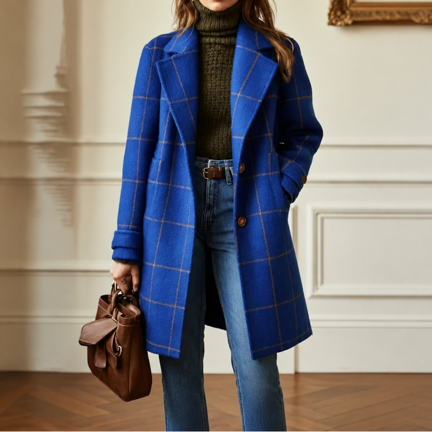 Blue plaid oversized coat with notched lapels, two buttons, and pockets