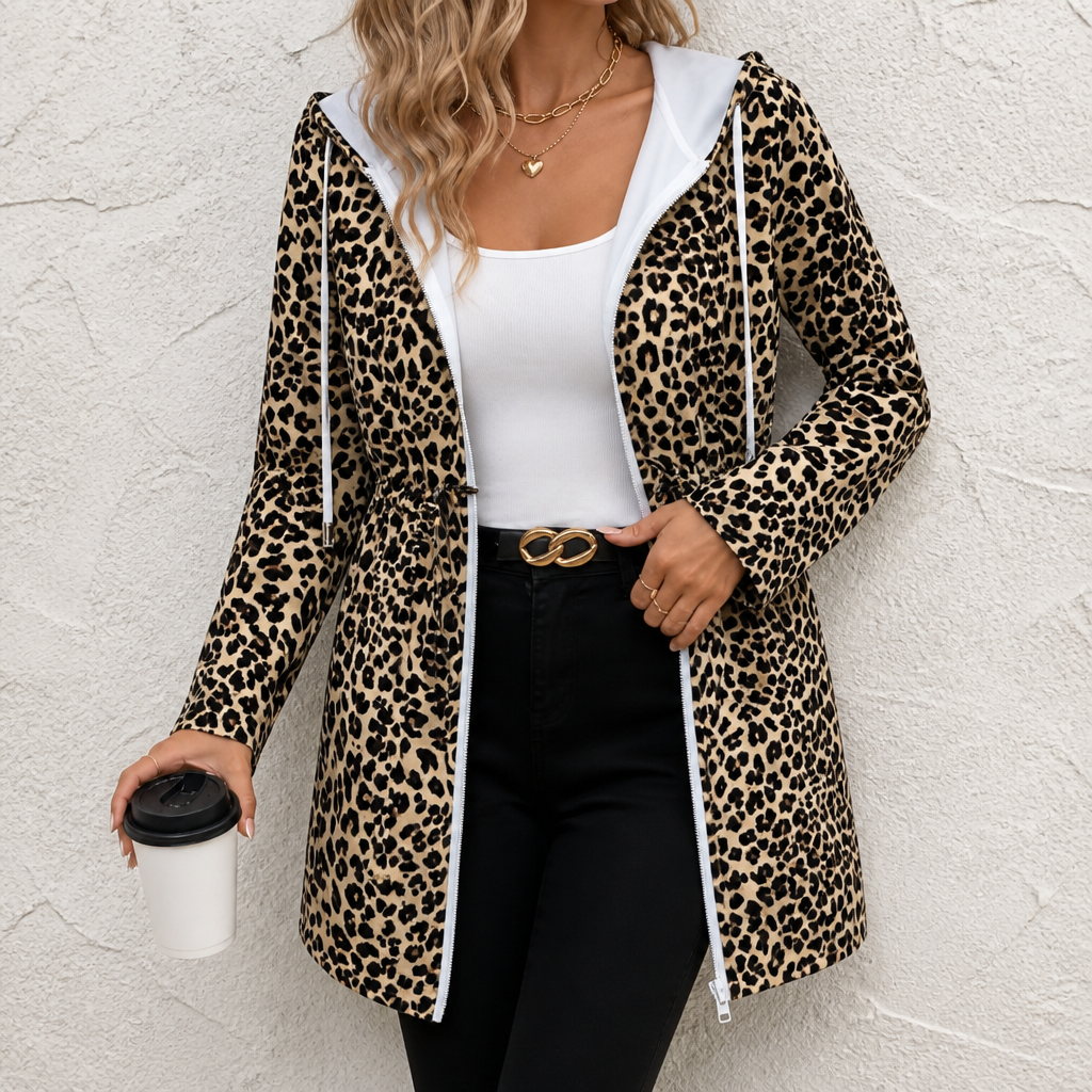 Leopard-print hooded coat with white lining and zip front