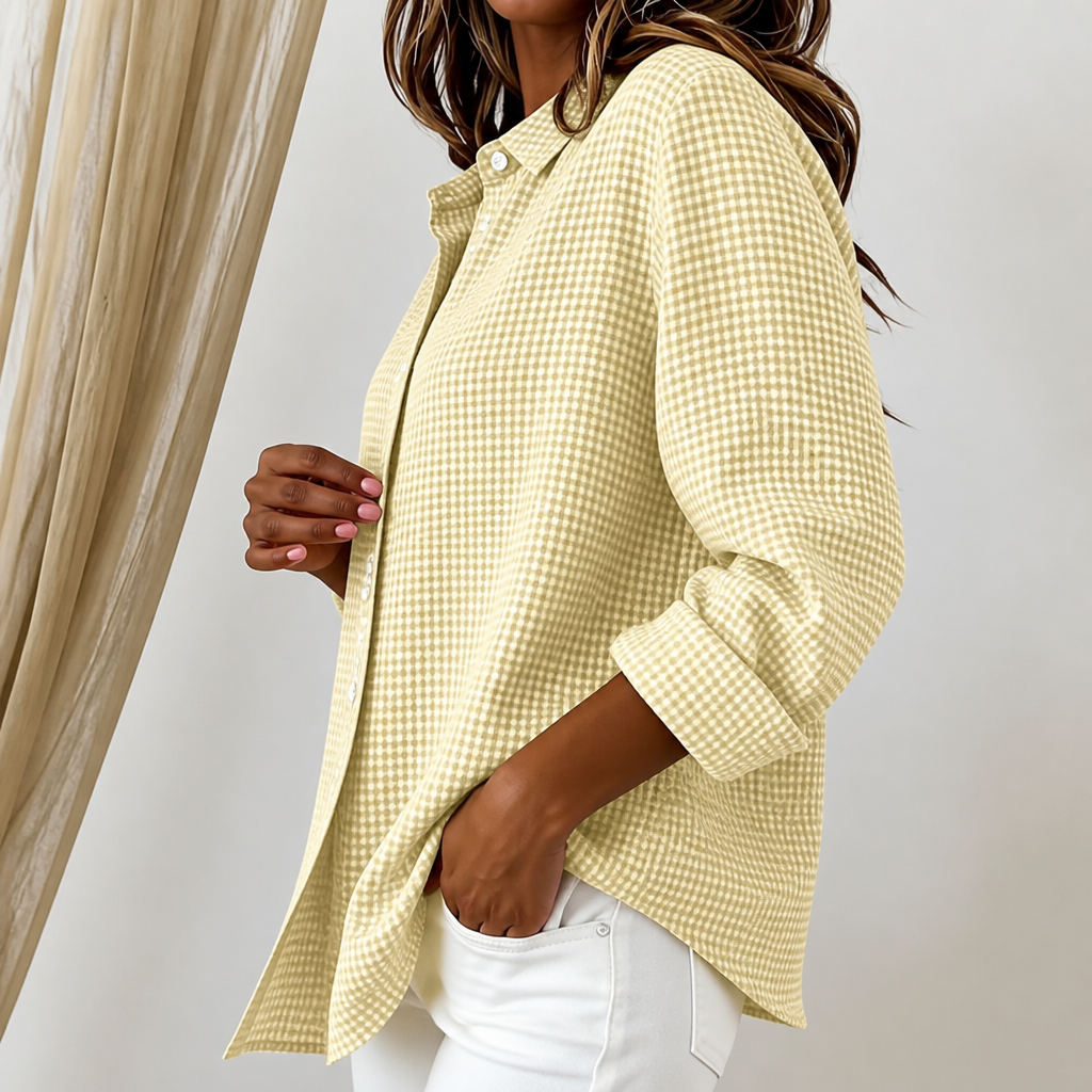 Women's yellow and white check relaxed-fit button-down shirt, long sleeves.