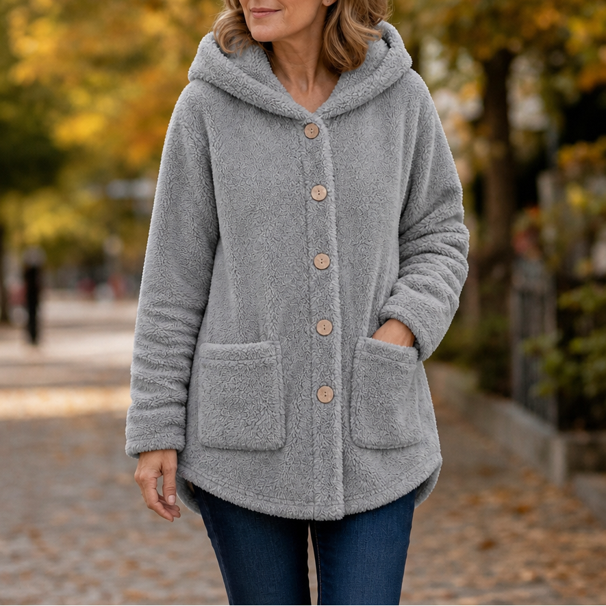 Cozyvale gray hooded winter jacket with button front and two patch pockets