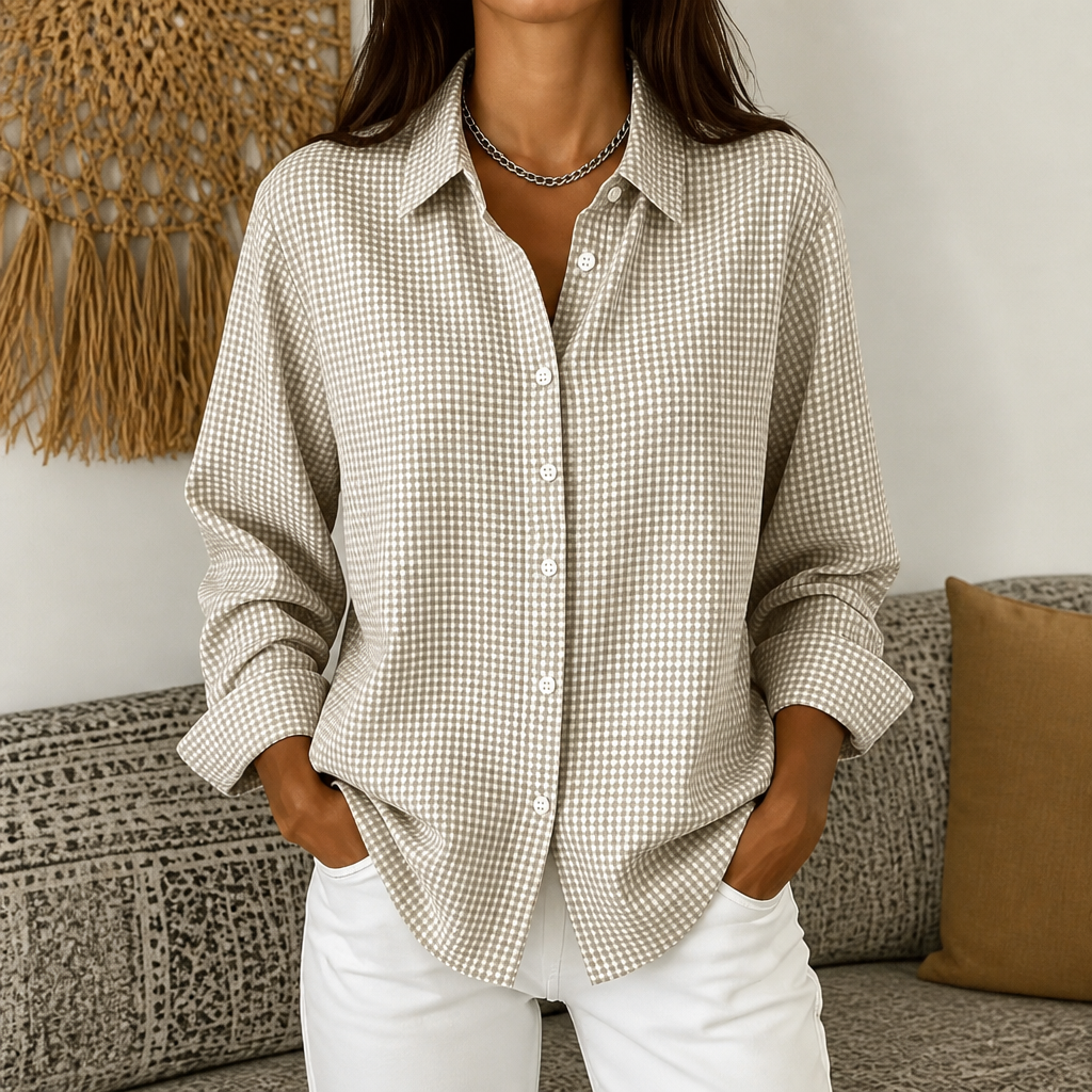 Women's beige and white check relaxed-fit button-down shirt with long sleeves.
