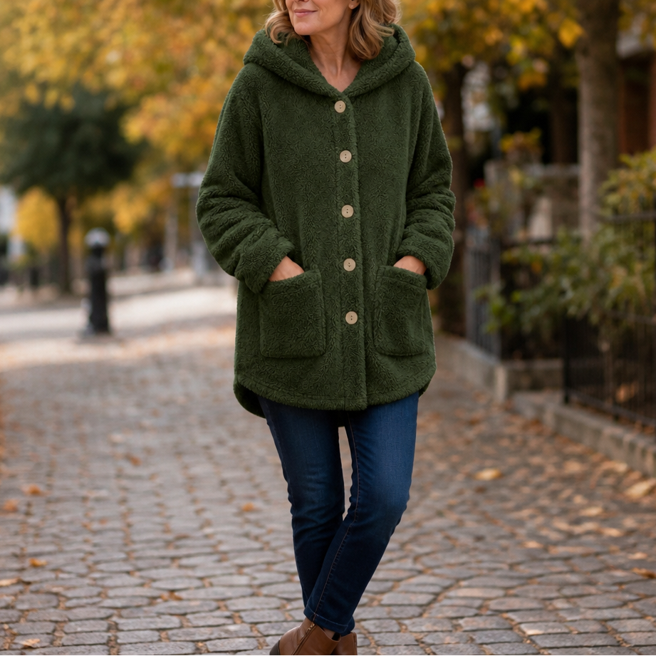 Cozyvale dark green hooded winter jacket with button front and two patch pockets