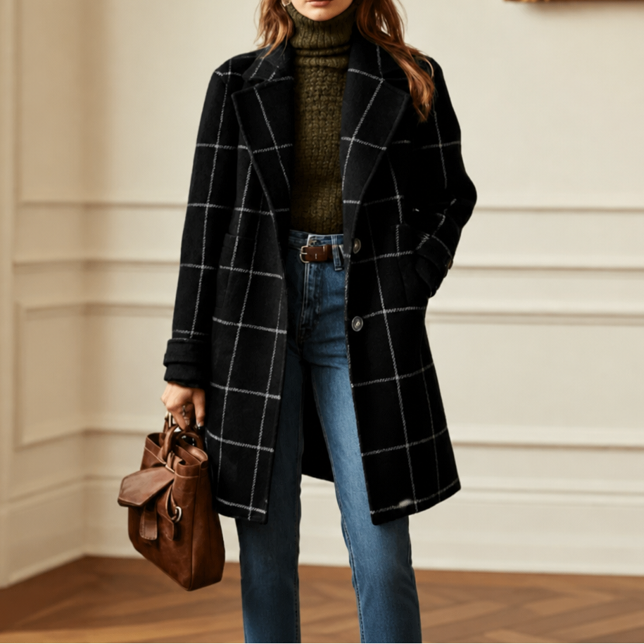 Black plaid coat with white windowpane lines, notched lapels, and two buttons