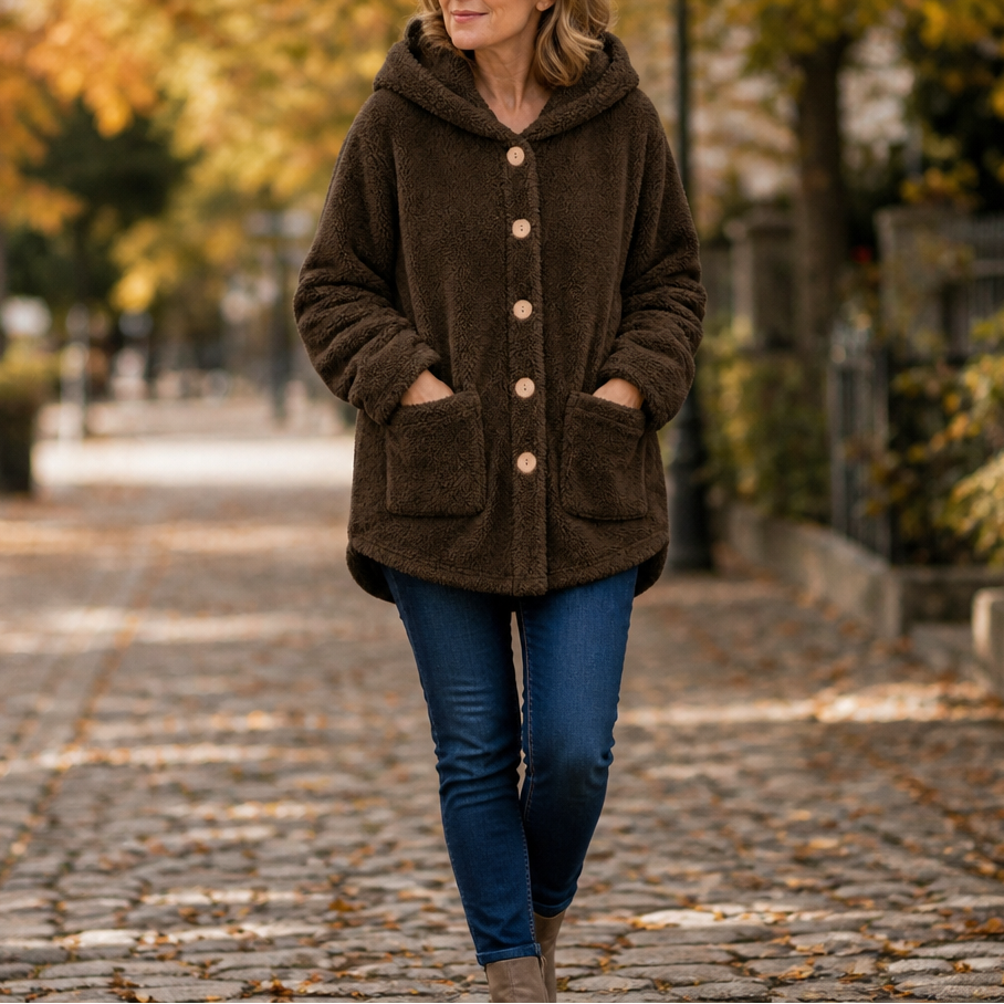 Cozyvale brown hooded winter jacket with button front and two patch pockets