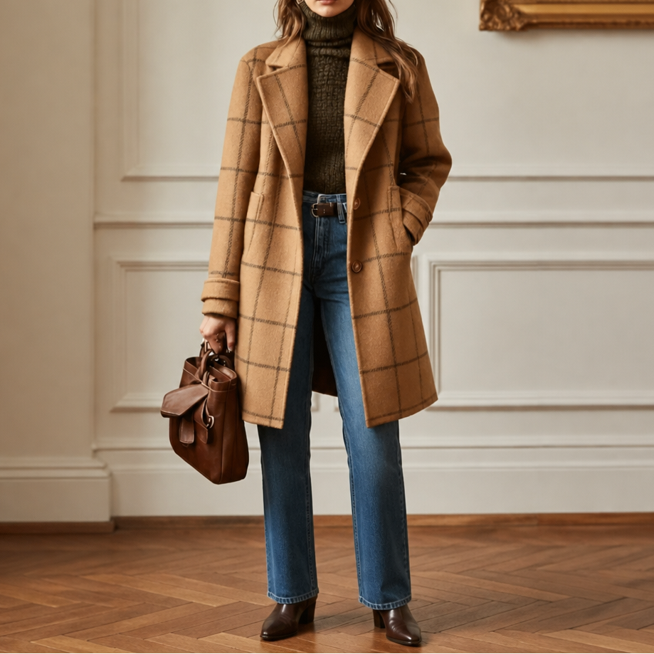 Camel plaid oversized coat with notched lapels, two buttons, and pockets